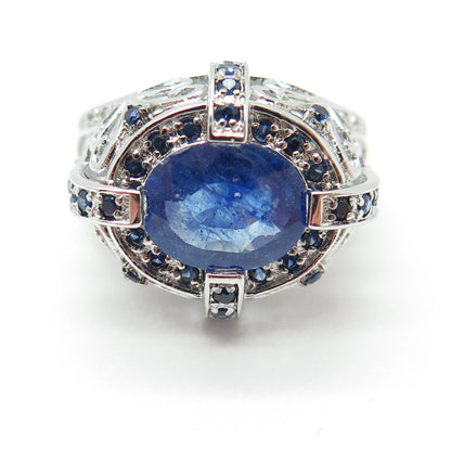 DSMK 925 Sterling Silver Sapphire & White Topaz Gem Ornate Dome Ring Size 7.25
