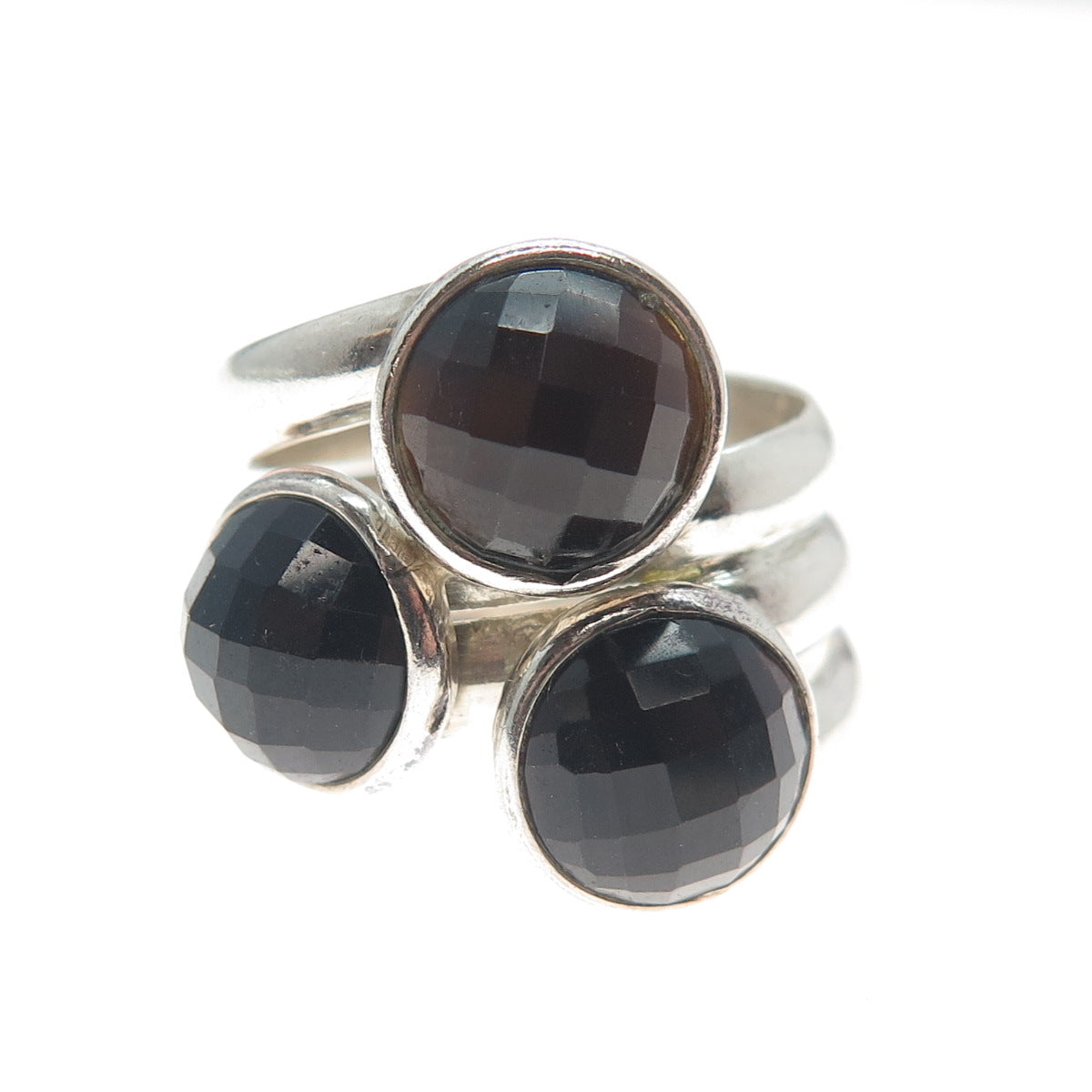 925 Sterling Silver Vintage Real Checkered Black Spinel Gem 3-Row Ring Size 7
