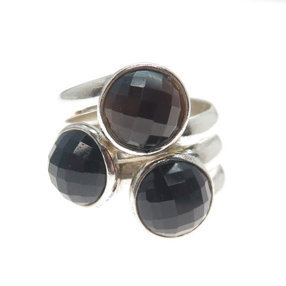 925 Sterling Silver Vintage Real Checkered Black Spinel Gem 3-Row Ring Size 7