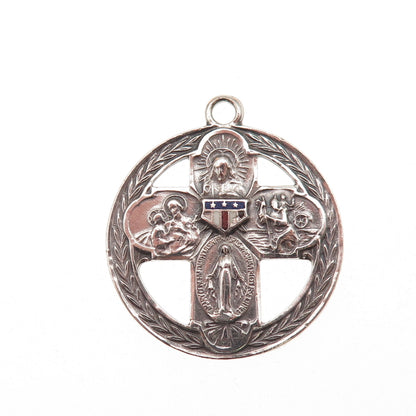 925 Sterling Silver Antique WWII Enamel 4-Way Cross Military Medal Charm Pendant