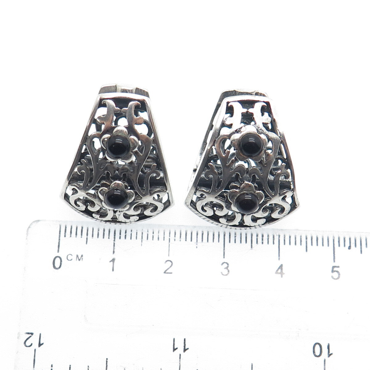 925 Sterling Silver Vintage Real Black Onyx Ornate Oxidized Earrings