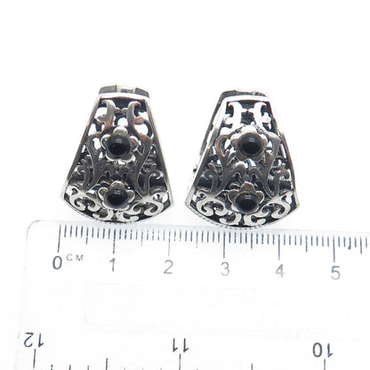 925 Sterling Silver Vintage Real Black Onyx Ornate Oxidized Earrings