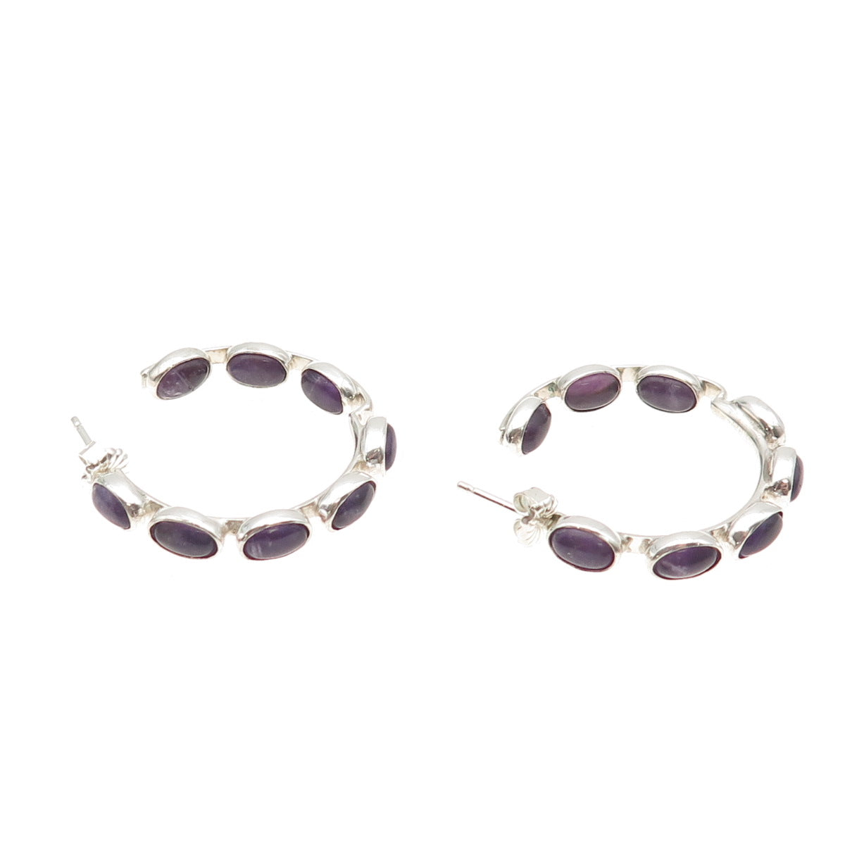 925 Sterling Silver Vintage Real Amethyst In & Out Hoop Earrings