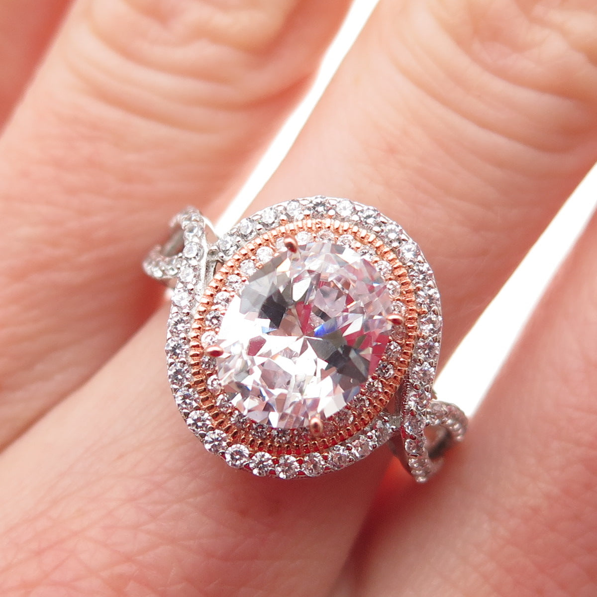 DSMK 925 Sterling Silver 2-Tone Oval & Round-Cut C Z Engagement Ring Size 7