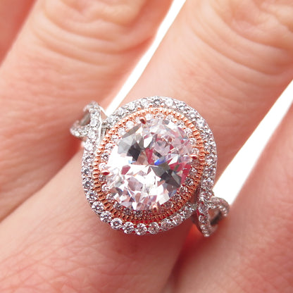 DSMK 925 Sterling Silver 2-Tone Oval & Round-Cut C Z Engagement Ring Size 7