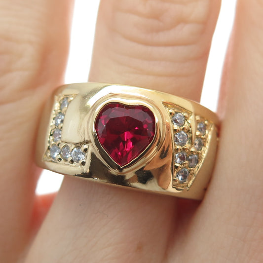 925 Sterling Silver Gold Plated Real Heart-Cut Ruby & C Z Love Ring Size 9.25
