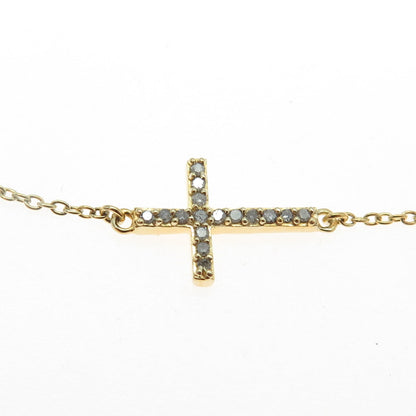 SUN Sterling Silver Gold Plated Italy Real Round-Cut Diamond Cross Necklace 18"