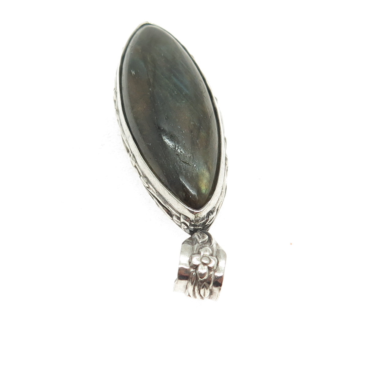 925 Sterling Silver Vintage Real Labradorite Gemstone Floral Accent Pendant