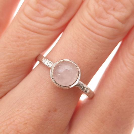 925 Sterling Silver Vintage Real Rose Quartz Hammered Ring Size 8.25