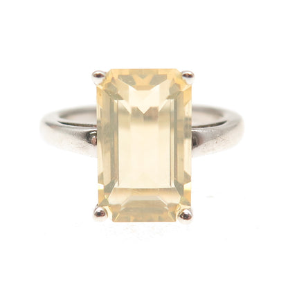 925 Sterling Silver Vintage Real Emerald-Cut Canary Opal Ring Size 8.5