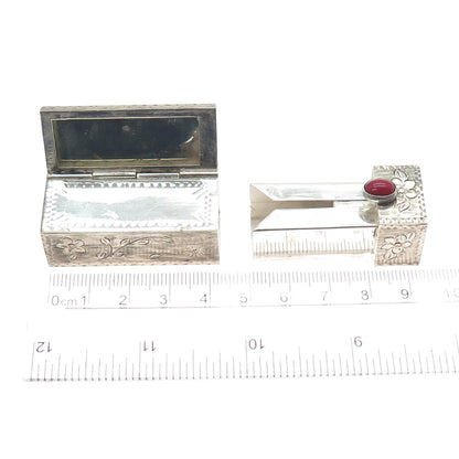 800 Silver Antique Art Deco Italy Real Coral Engraved Tube Slide Lipstick Case