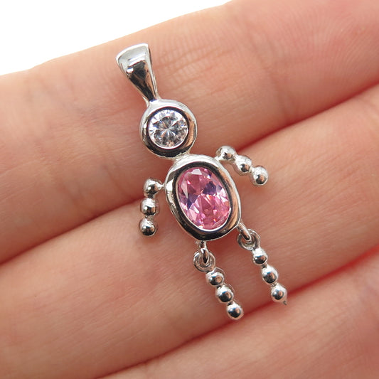 925 Sterling Silver Pink C Z October Birthstone Boy Articulated Charm Pendant