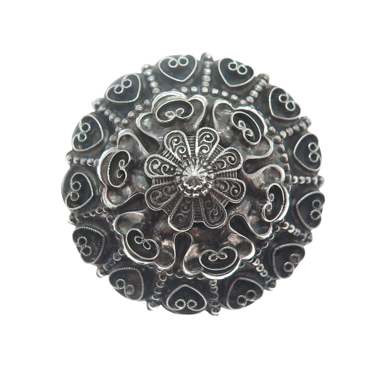 925 Sterling Silver Antique Art Deco Filigree Floral Heart Oxidized Pin Brooch