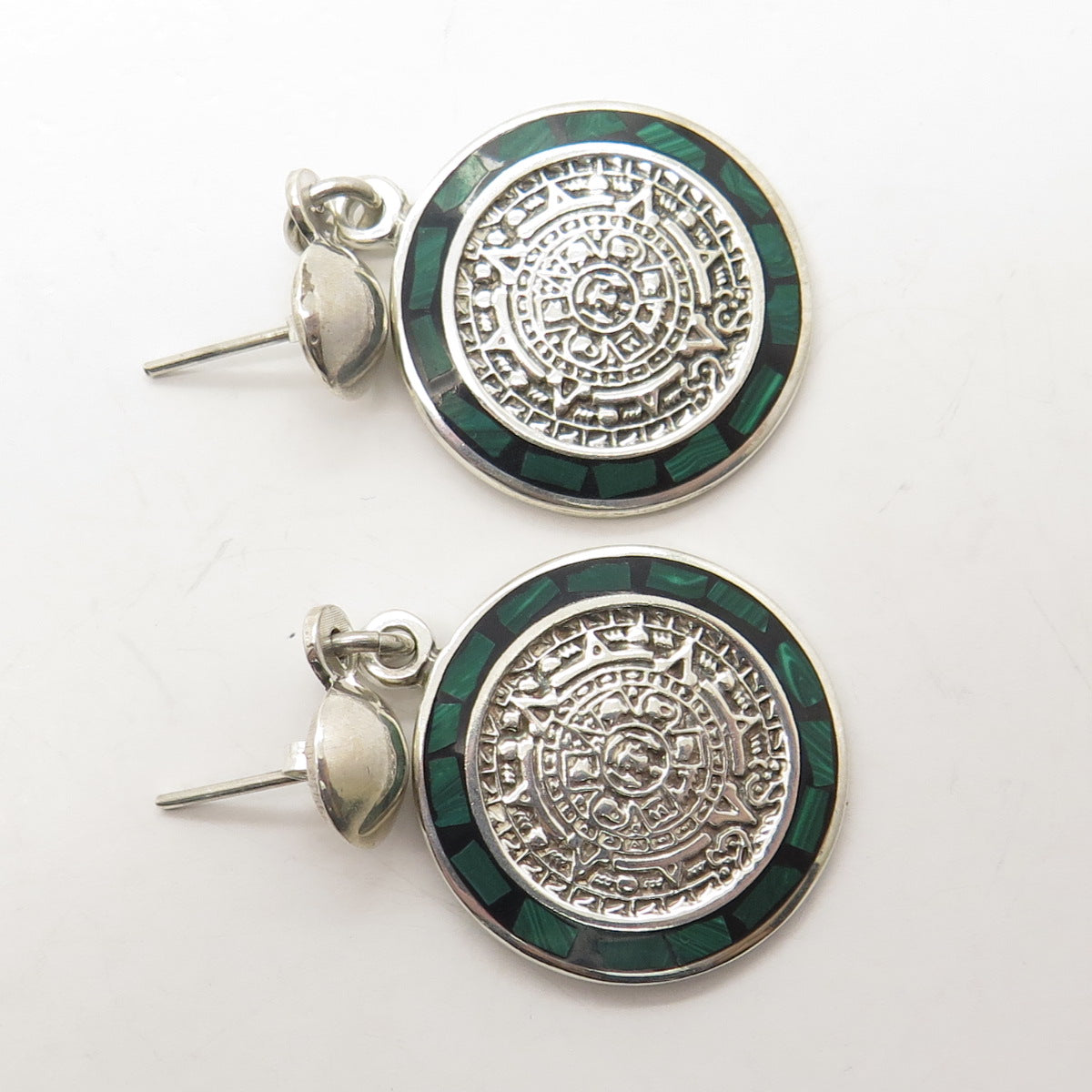 925 Sterling Silver Vintage Mexico Malachite Gem Inlay Aztec Calendar Earrings