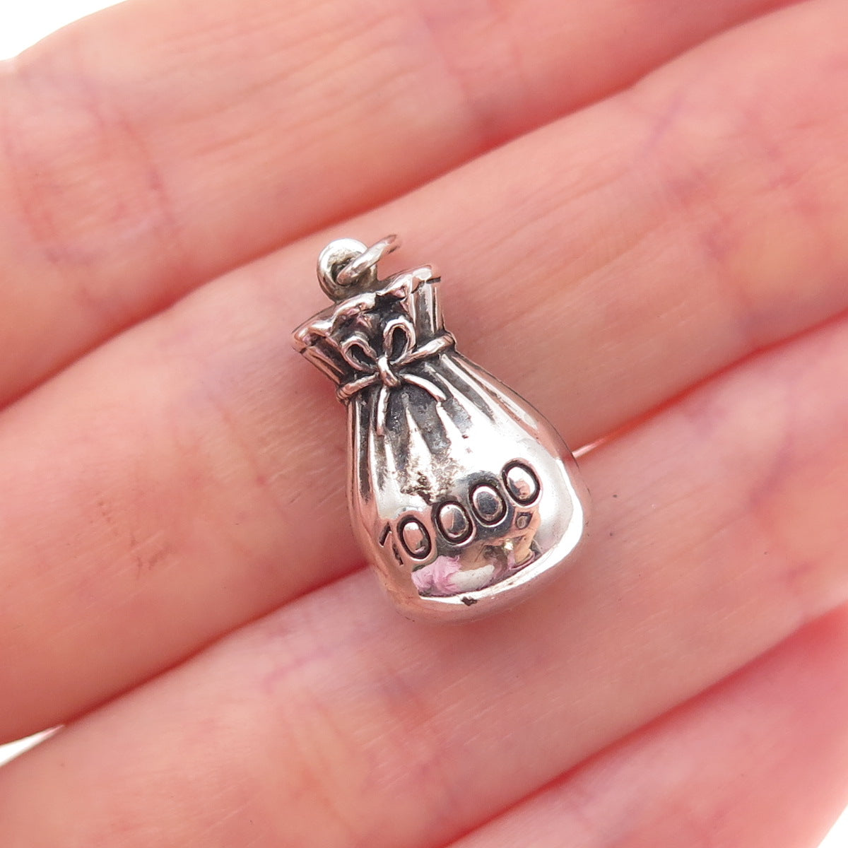 925 Sterling Silver Antique Art Deco 10 000 Money Bag Oxidized 3D Charm Pendant
