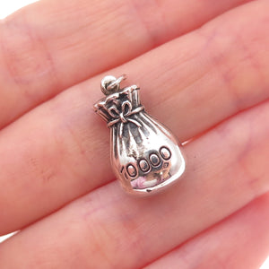 925 Sterling Silver Antique Art Deco 10 000 Money Bag Oxidized 3D Charm Pendant