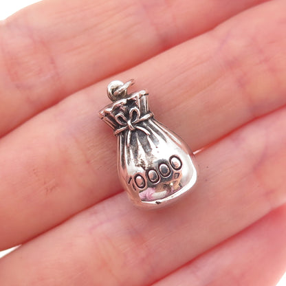 925 Sterling Silver Antique Art Deco 10 000 Money Bag Oxidized 3D Charm Pendant