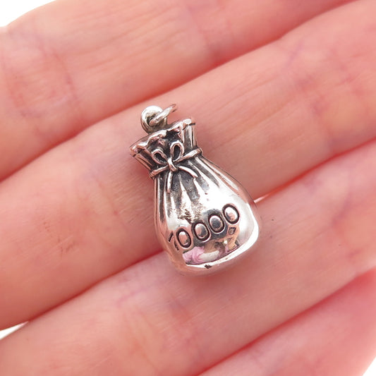 925 Sterling Silver Antique Art Deco 10 000 Money Bag Oxidized 3D Charm Pendant