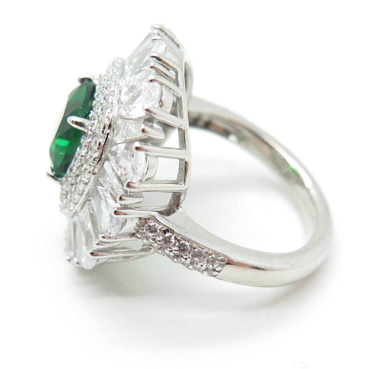 DSMK 925 Sterling Silver Cushion-Cut Nano Emerald & C Z Ring Size 7.25