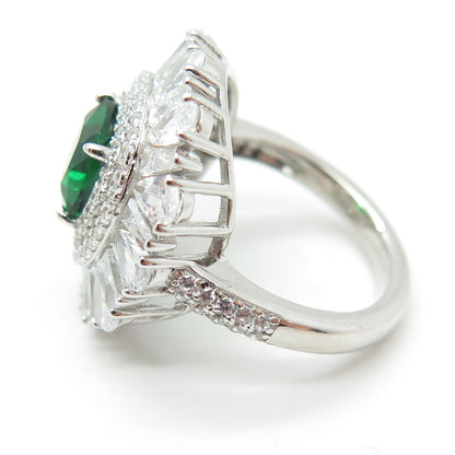 DSMK 925 Sterling Silver Cushion-Cut Nano Emerald & C Z Ring Size 7.25