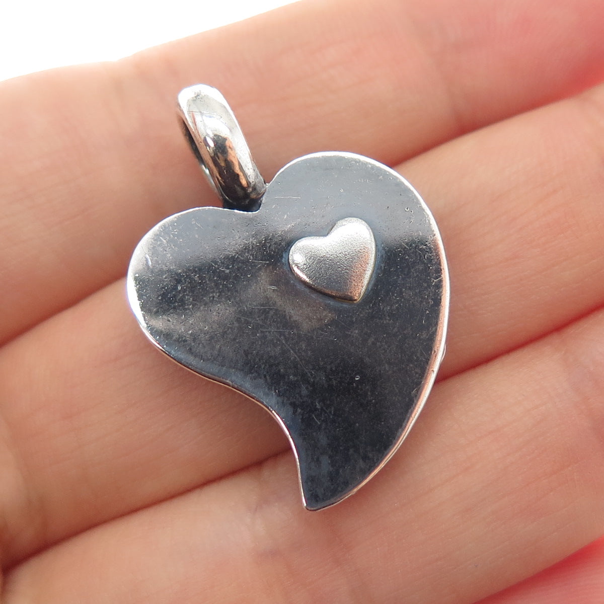 925 Sterling Silver Vintage Modernist Heart Oxidized Charm Pendant