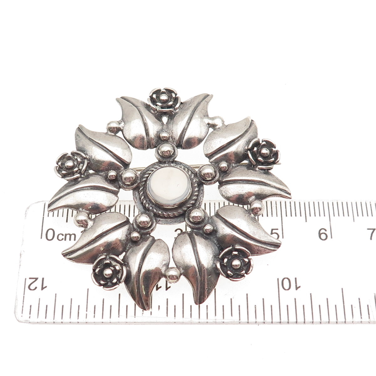 925 Sterling Silver Vintage Real Moonstone Floral Oxidized Pin Brooch