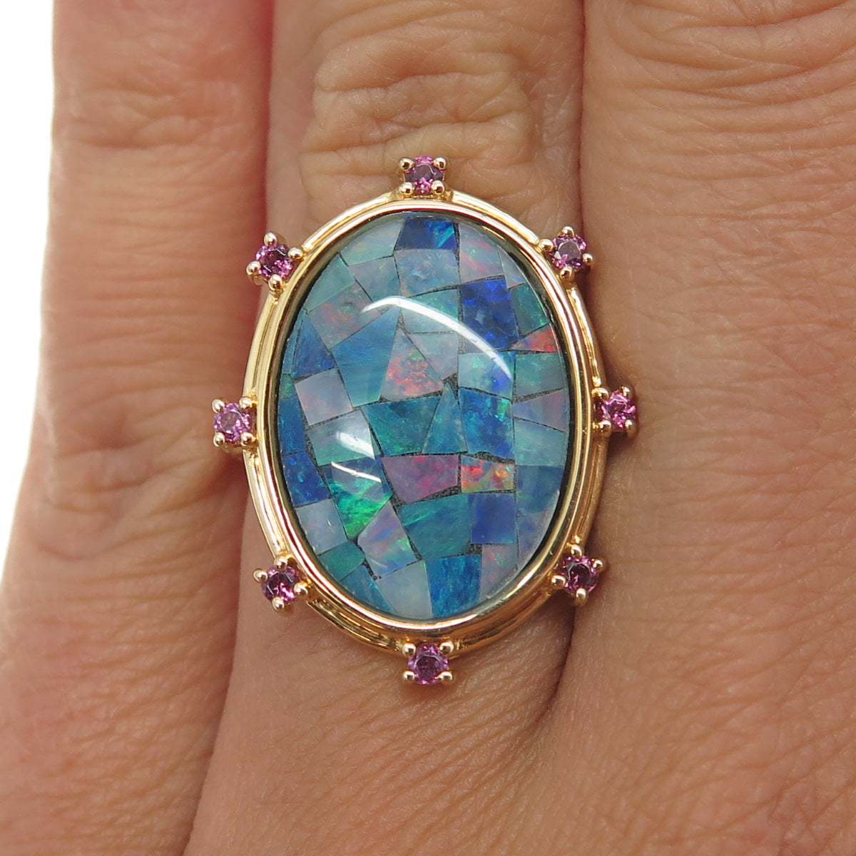 925 Sterling Silver Gold Plated Real Opal Inlay & Amethyst Ring Size 6