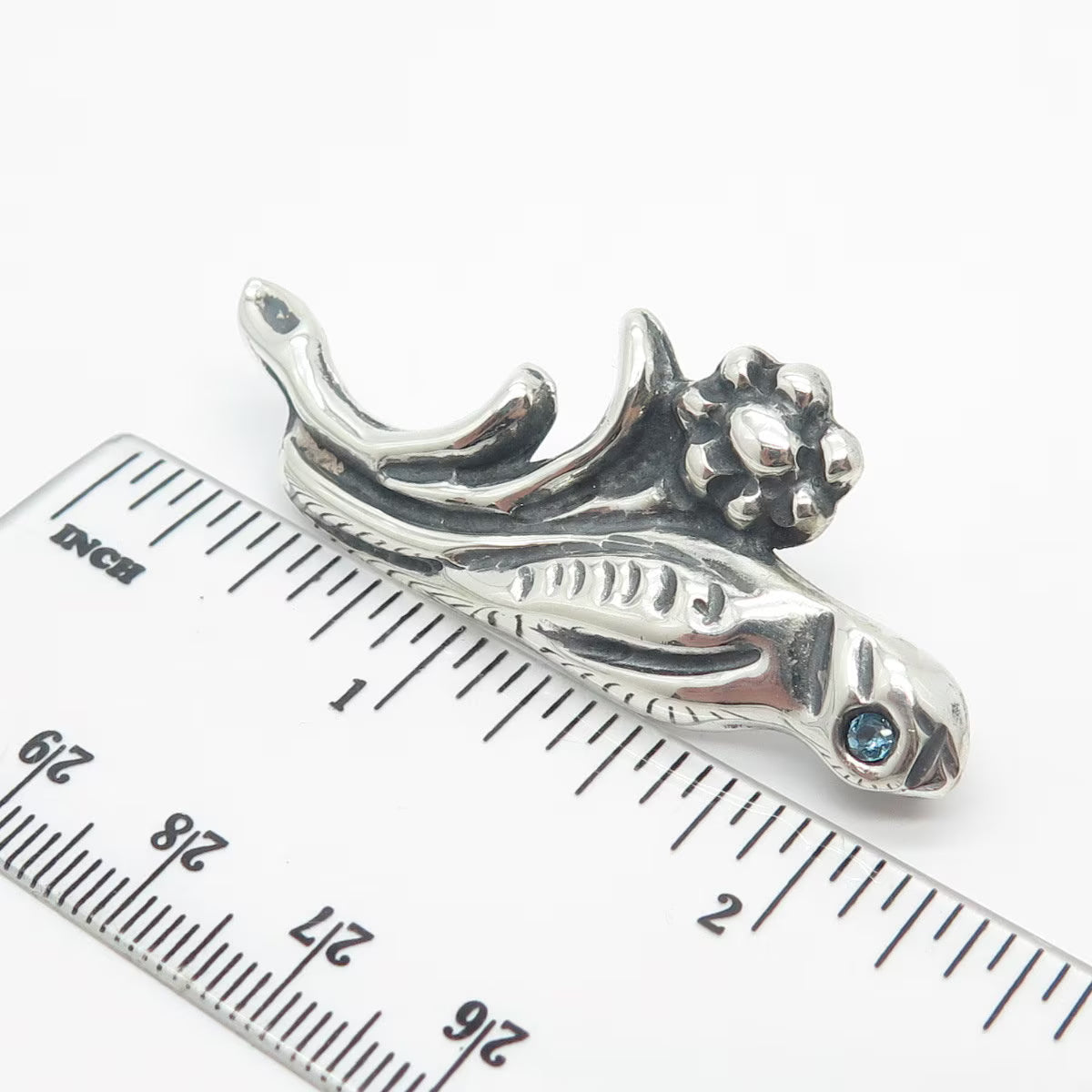 925 Sterling Silver Vintage Real Blue Topaz Gem Bird On Branch Pin Brooch