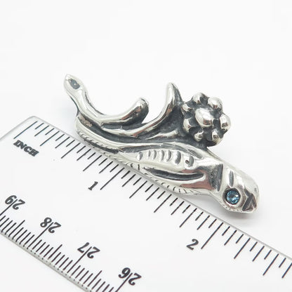 925 Sterling Silver Vintage Real Blue Topaz Gem Bird On Branch Pin Brooch
