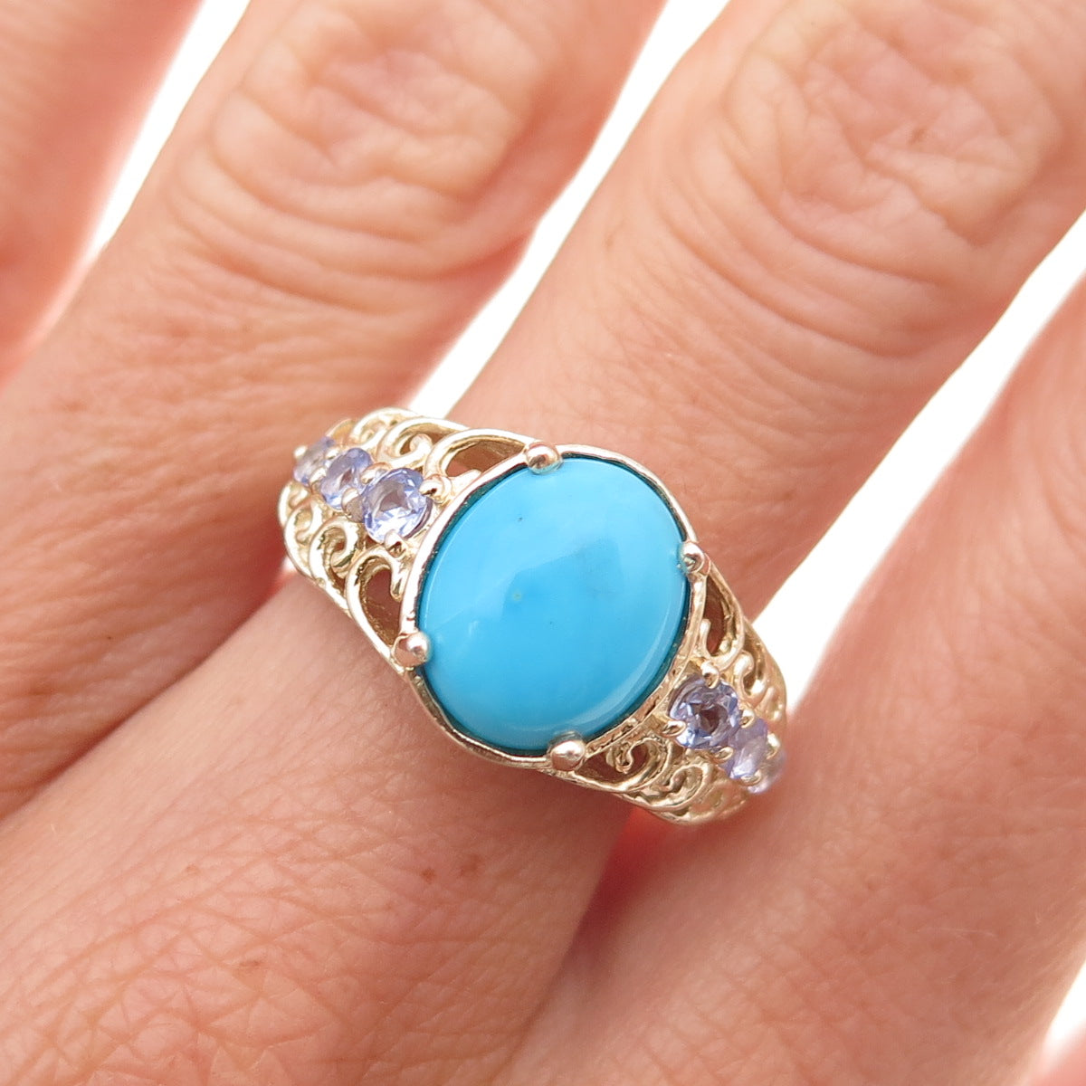 Chuck Clemency 925 Sterling Gold Plated Real Turquoise Tanzanite Ring Size 8.25