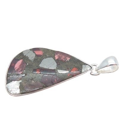 925 Sterling Vintage Real Pyrite Tourmaline & Red Garnet Inlay Modernist Pendant