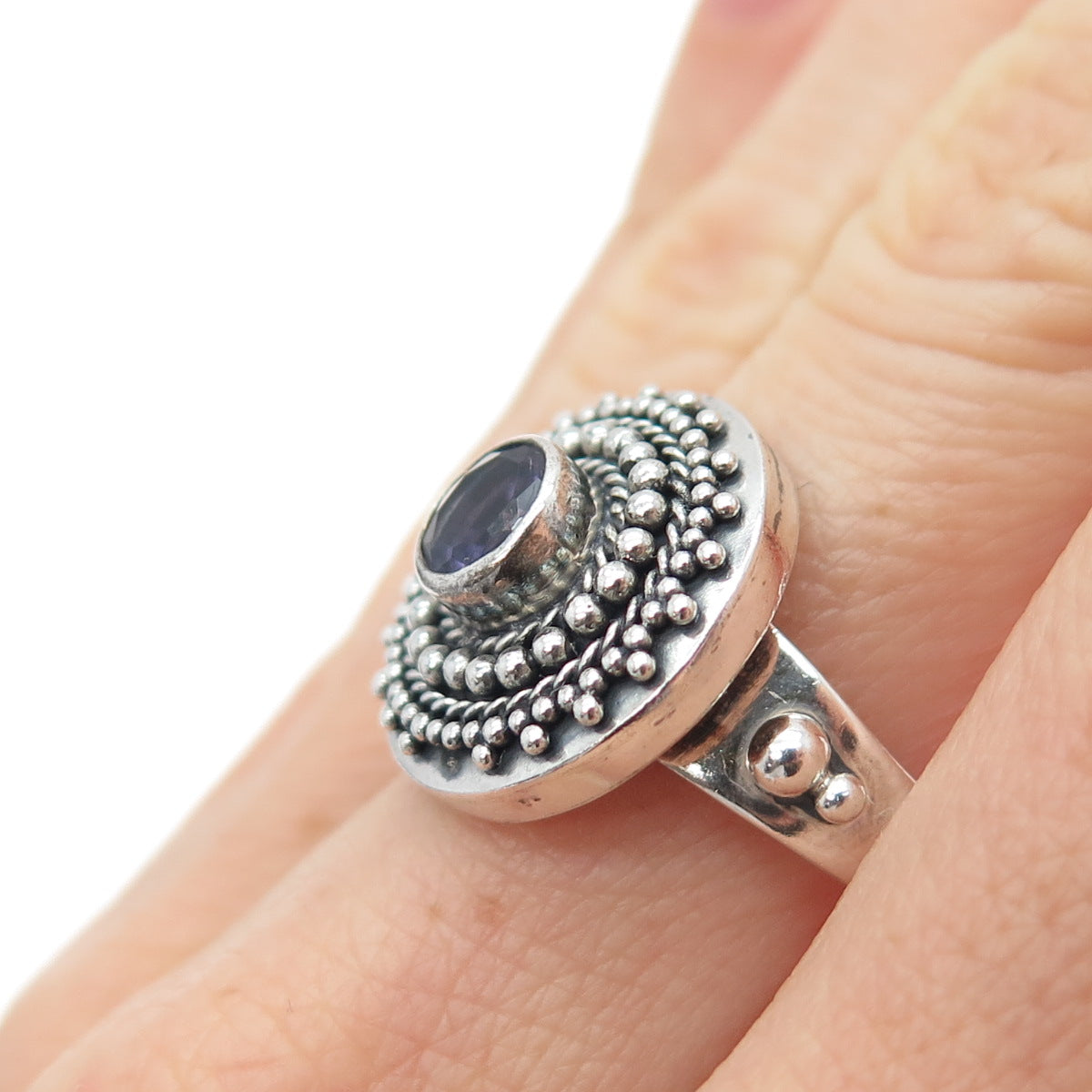 BC Silver Ned Bowman Sterling Vintage Amethyst Beaded Oxidized Ring Size 8.25