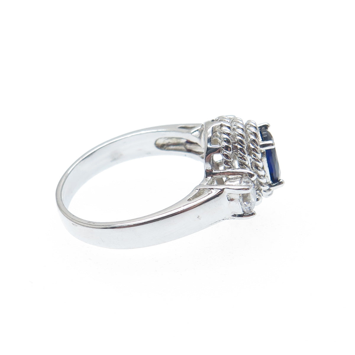 925 Sterling Silver Real Sapphire Gemstone & C Z Roped Bezel Ring Size 7.25