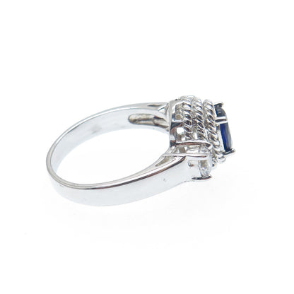 925 Sterling Silver Real Sapphire Gemstone & C Z Roped Bezel Ring Size 7.25
