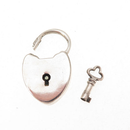 925 Sterling Silver Antique Art Deco Heart & Key Padlock Chatelaine Pendant