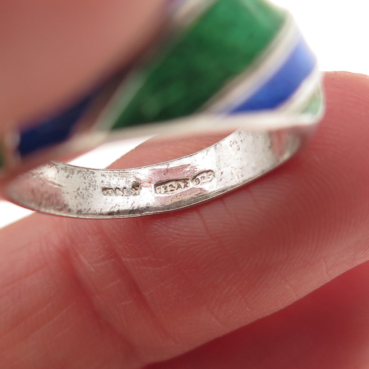 925 Sterling Silver Vintage Italy Enamel Modernist Ring Size 7.25
