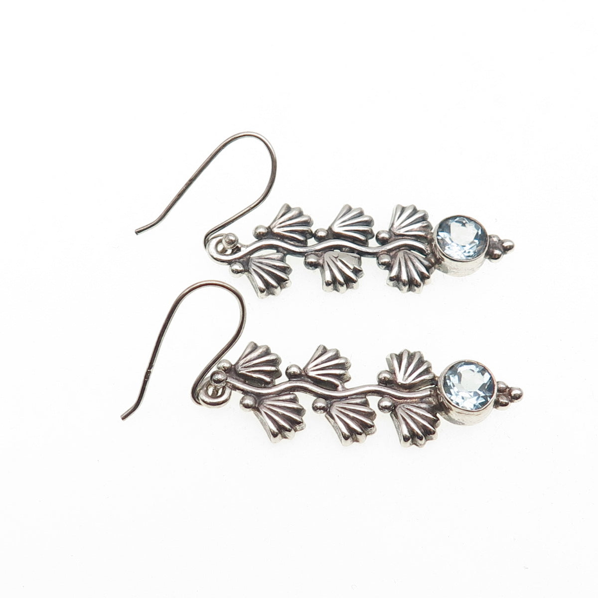 925 Sterling Silver Vintage Real Blue Topaz Floral Oxidized Dangle Earrings