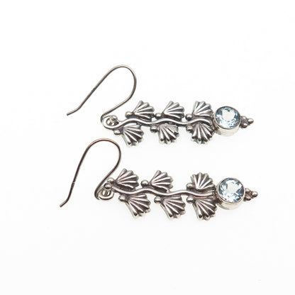 925 Sterling Silver Vintage Real Blue Topaz Floral Oxidized Dangle Earrings
