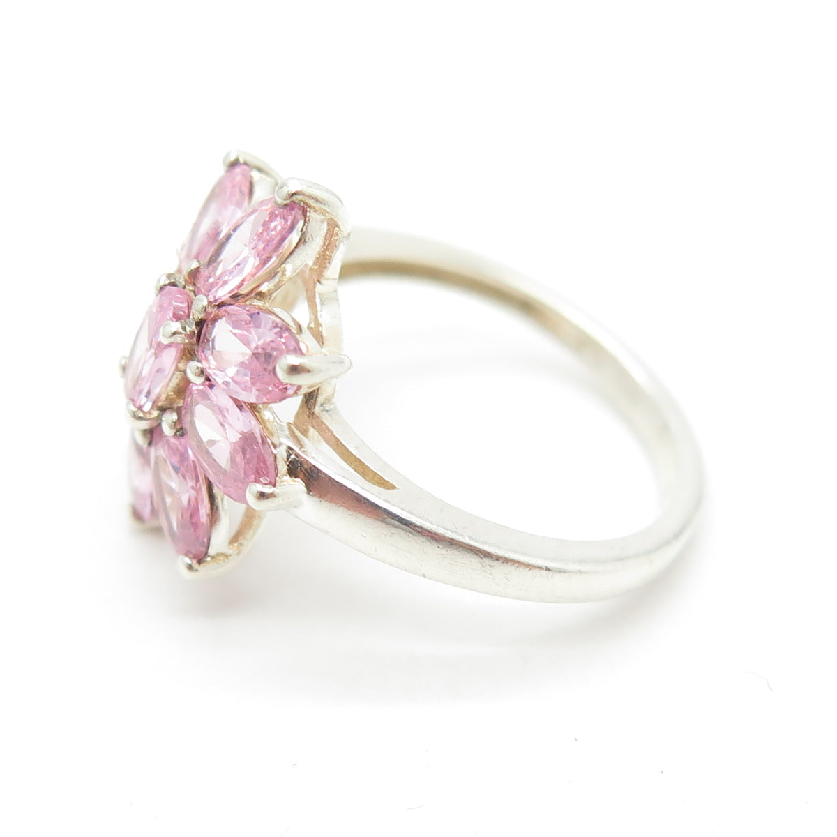 CHUCK CLEMENCY 925 Sterling Silver Pink Oval-Cut Shaped C Z Floral Ring Size 5