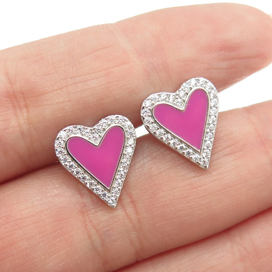 925 Sterling Silver Enamel Round-Cut C Z Heart Stud Earrings