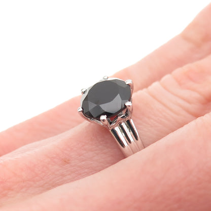 925 Sterling Silver GIE Real Round-Cut Black Spinel Ring Size 4.75