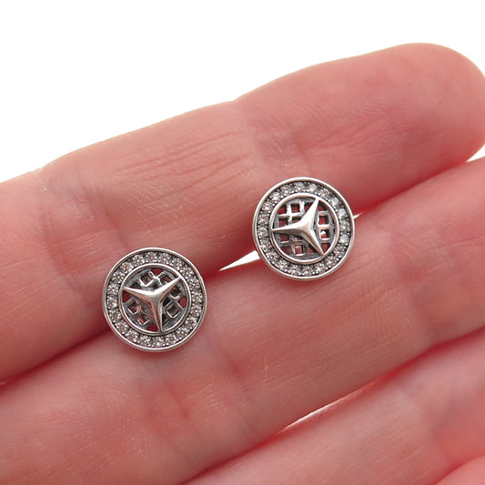 925 Sterling Silver Round-Cut C Z Mercedes-Benz Stud Earrings