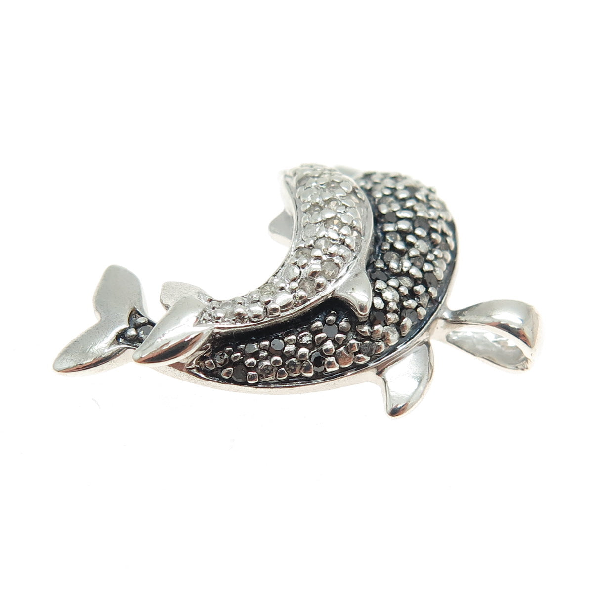 925 Sterling Silver Real Round-Cut Black & White Diamond Dolphin Pendant