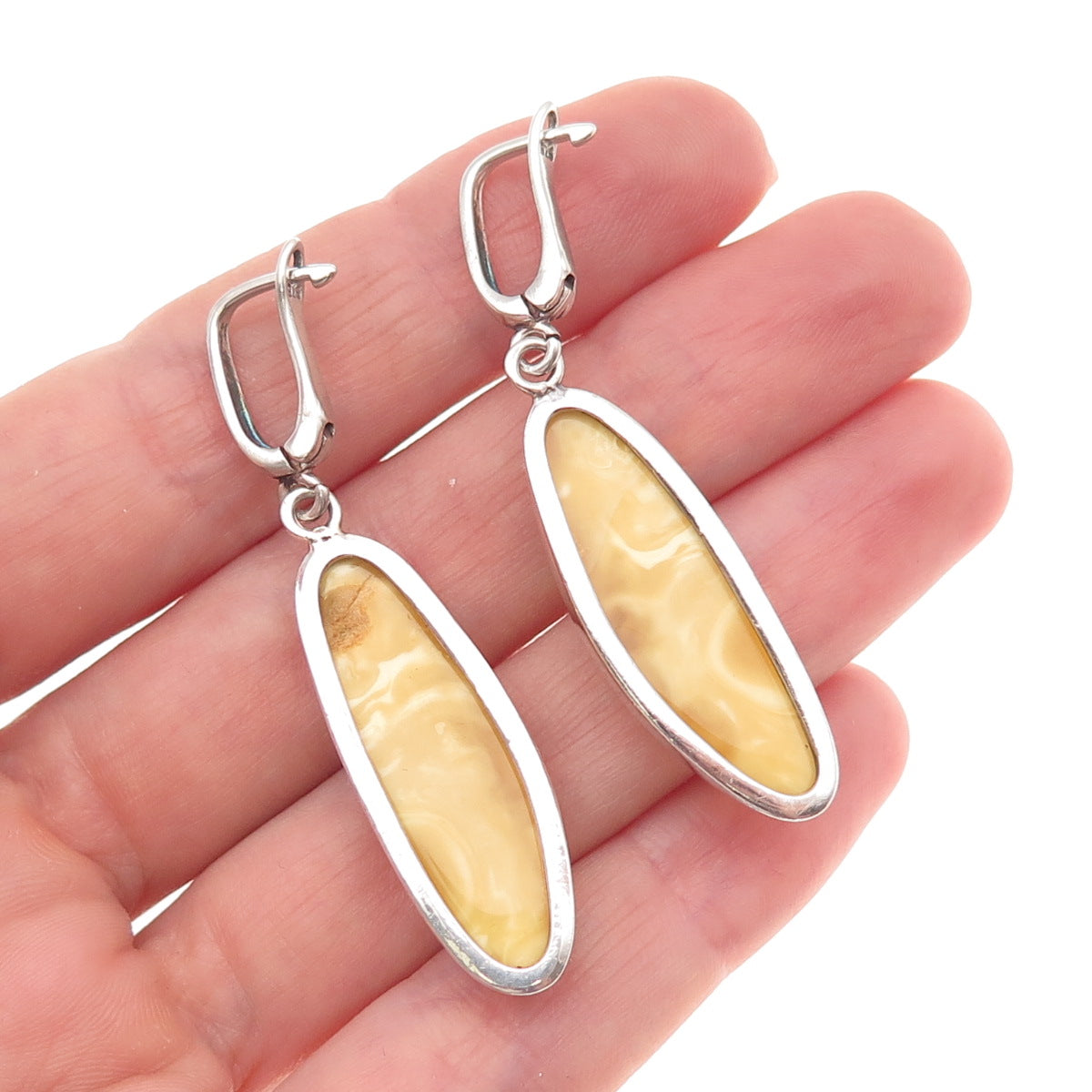 925 Sterling Silver Vintage Real Butterscotch Amber Modernist Dangle Earrings