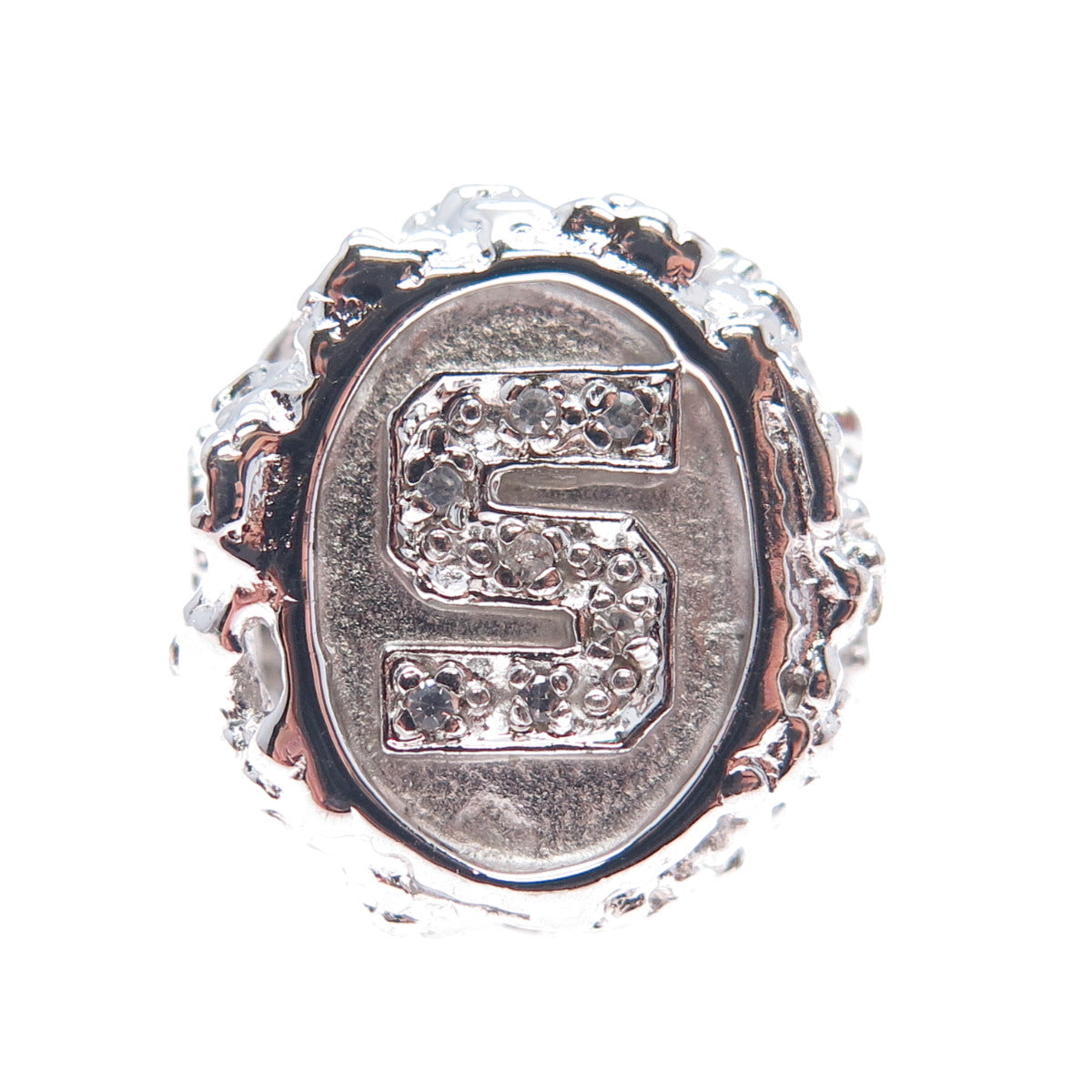 925 Sterling Silver Vintage Real Round-Cut Diamond Letter S Ring Size 6.75