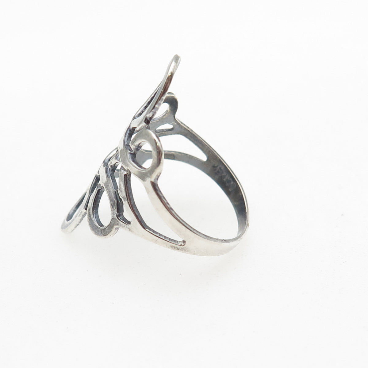 925 Sterling Silver Vintage Mexico Modernist Swirl Flower Oxidized Ring Size 7.5