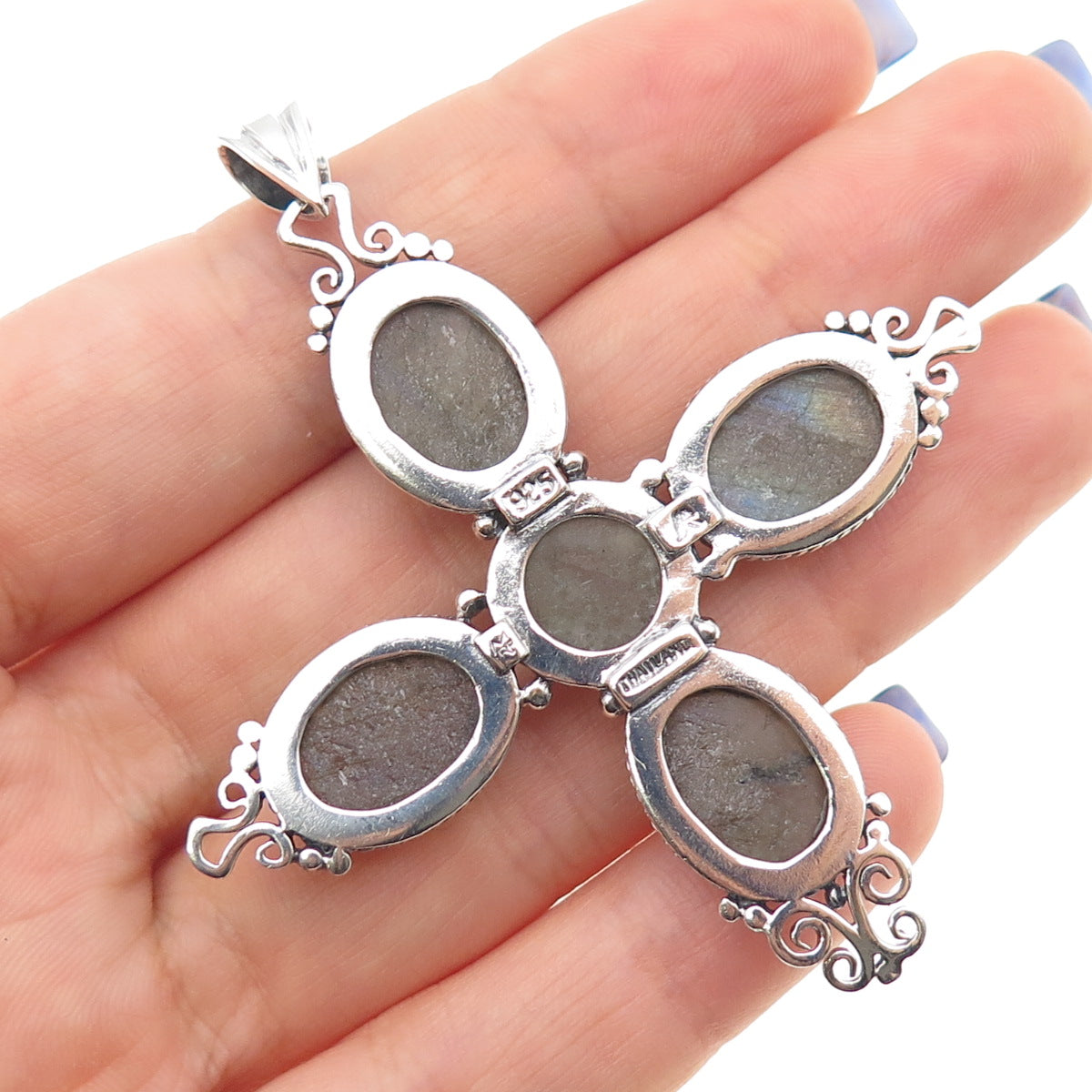 M.R.F. RESOURCES 925 Sterling Silver Vintage Real Labradorite Cross Pendant
