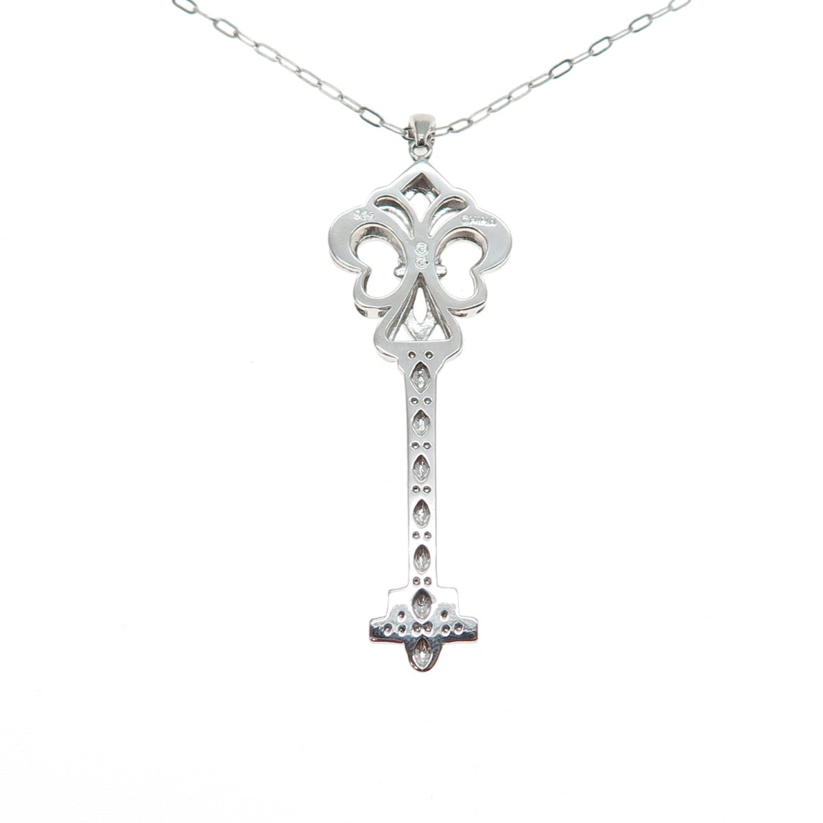 925 Sterling Silver Real Diamond Fleur de Lis Key Cable Chain Necklace 32"