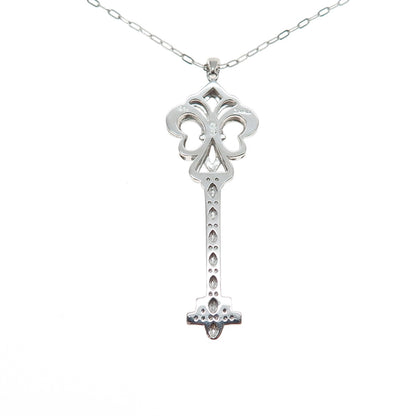 925 Sterling Silver Real Diamond Fleur de Lis Key Cable Chain Necklace 32"