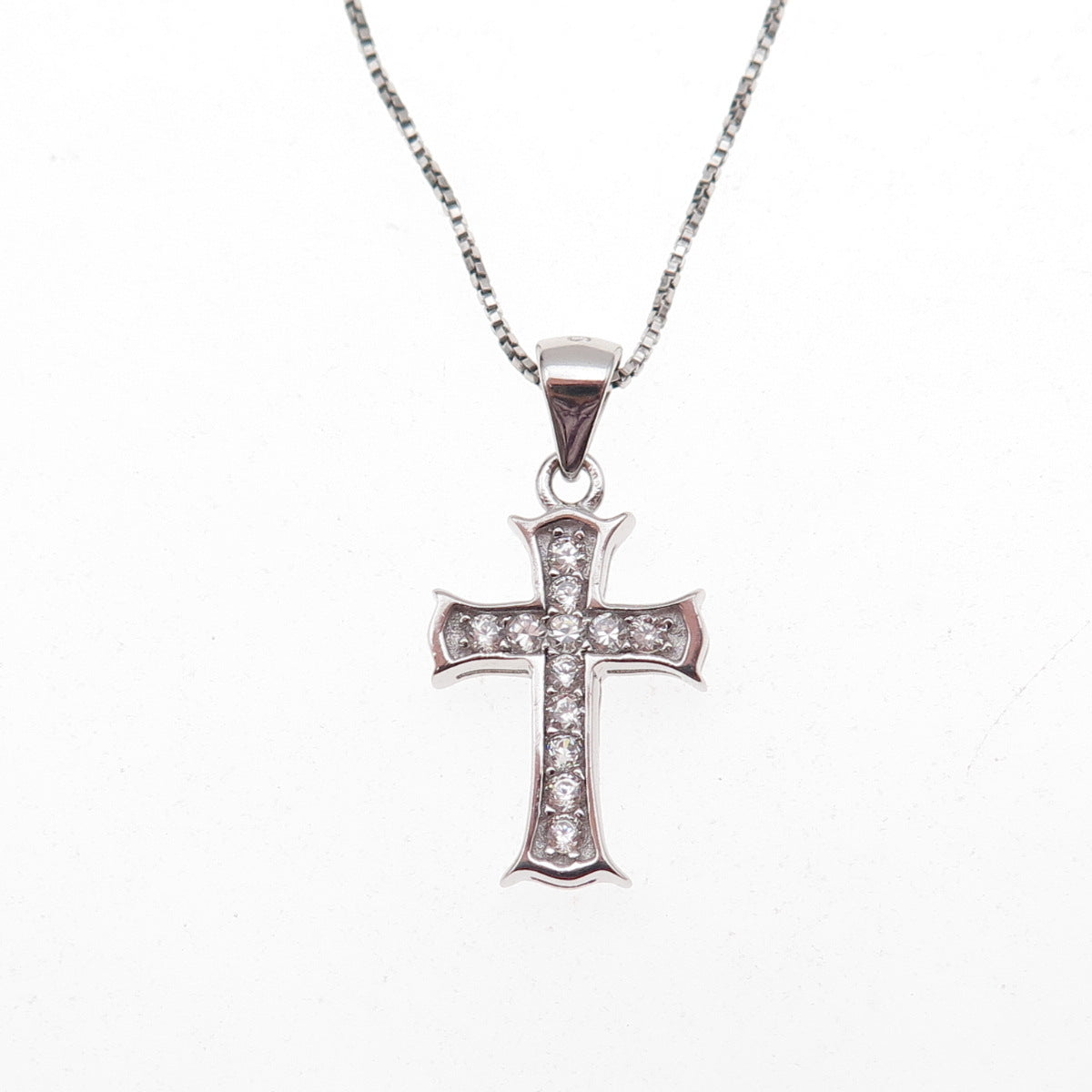 925 Sterling Silver Round-Cut C Z Cross Box Chain Necklace 18"